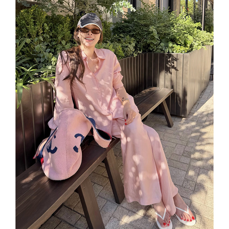 粉色醋酸衬衫/长裤套装女夏新款