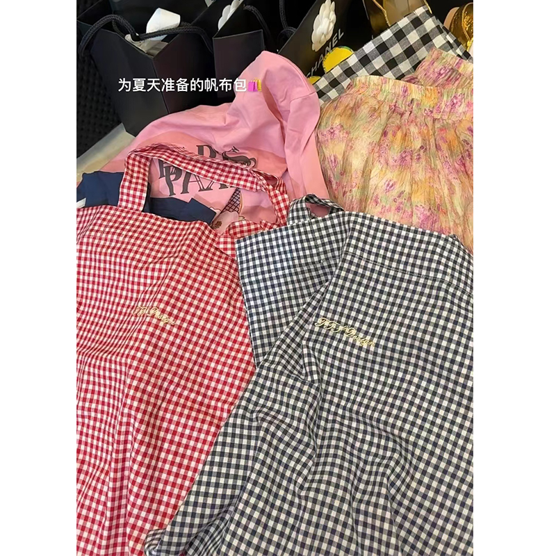 tingtings【实付满599换购】字母刺绣格子帆布包女时尚单肩布袋