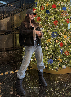 tingtings 高级荔枝纹黑色PU皮翻领仿羊羔毛外套女冬季保暖皮夹克