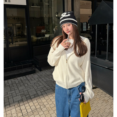 羊毛连帽外套女秋季休闲拉链毛衣