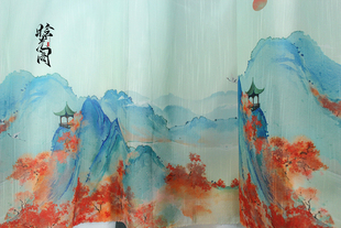 闭店清仓渐变红枫叶山水原创印花竹节雪纺汉服diy布面料