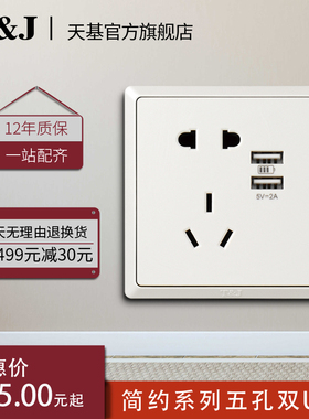 天基TJ开关简约五孔插座带USB充电灰色墙壁电源鎏金黑白多色可选