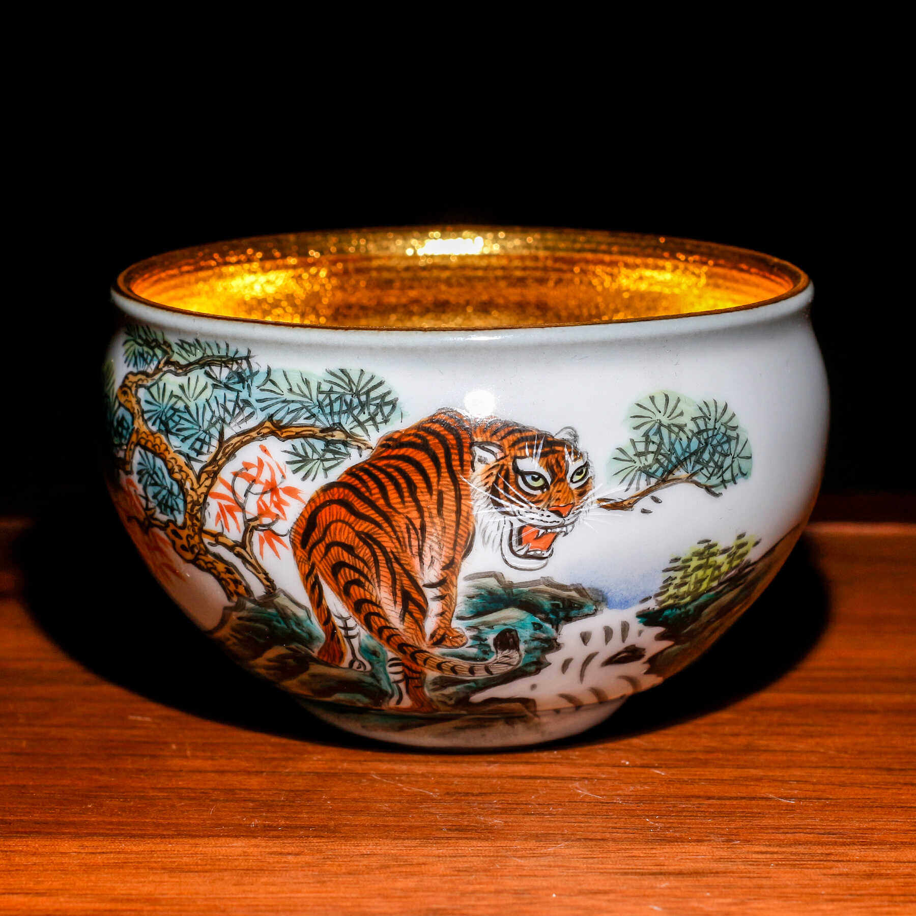 蔡志强金油滴手绘猛虎鎏金木叶建盏茶杯单杯主人杯陶瓷铁胎窑口