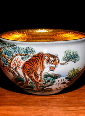 蔡志强金油滴手绘猛虎鎏金木叶建盏茶杯单杯主人杯陶瓷铁胎窑口