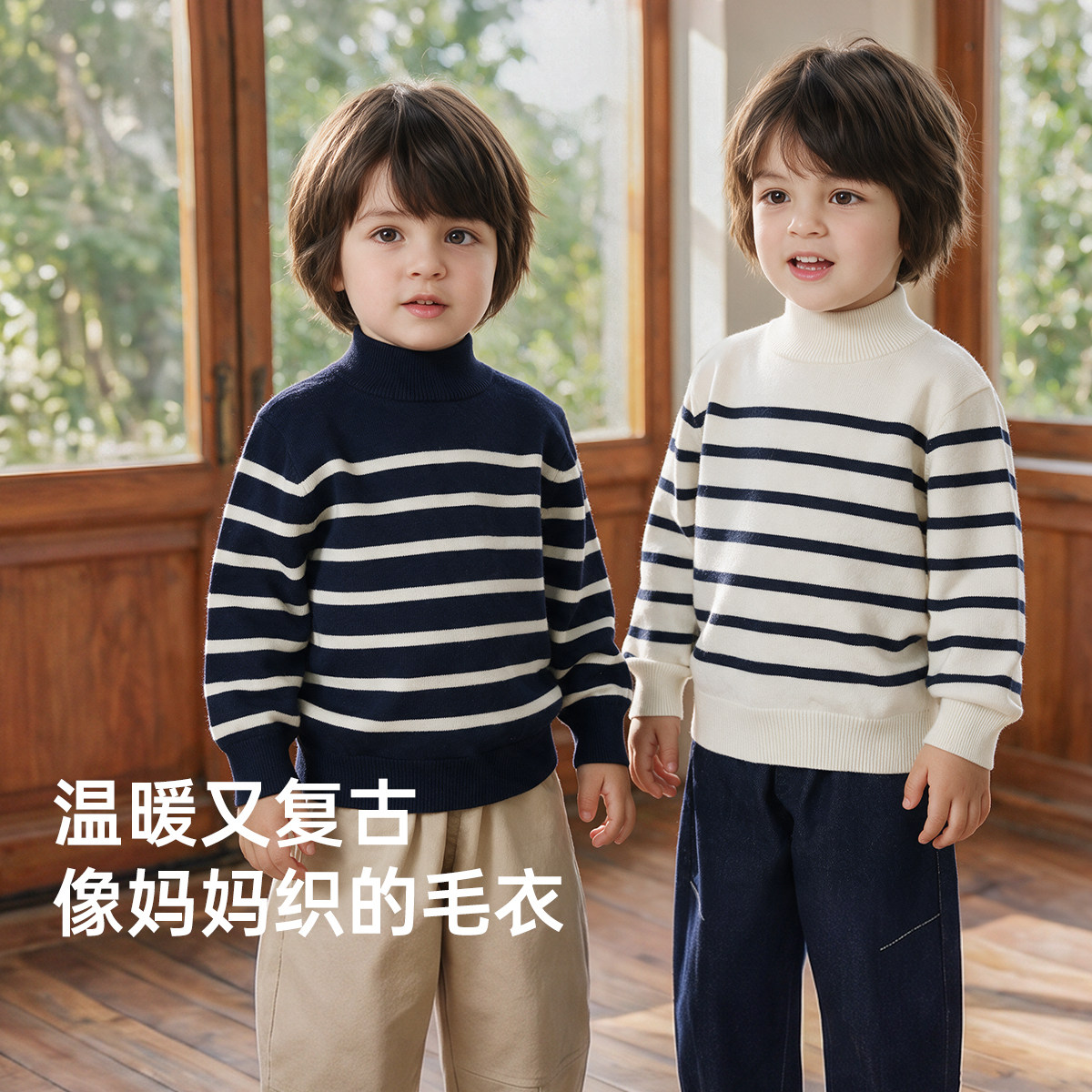 威尔贝鲁男童毛衣加厚冬款圆领条纹半高领宝宝上衣儿童加厚打底衫
