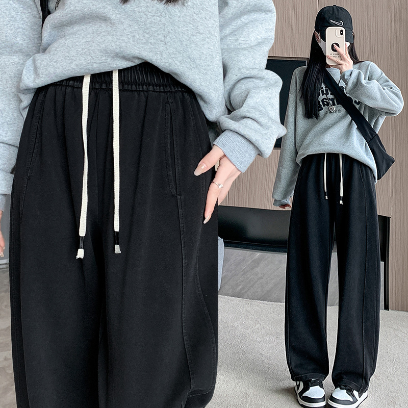 秋冬复古水洗棉休闲裤阔腿牛仔裤女宽松慵懒风弯刀加绒裤子大码