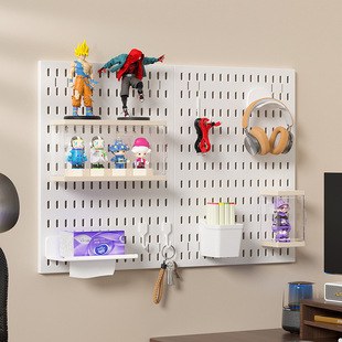 简约免打孔洞洞板墙面多功能收纳展示架手办隔板挂篮挂钩储物架