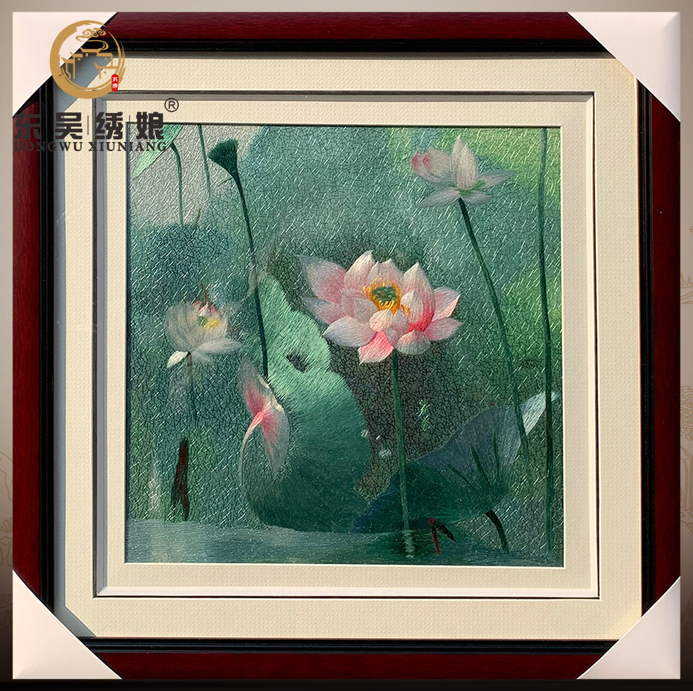 手工带框苏绣书房玄关走廊装饰水墨荷花挂画送朋友礼品刺绣苏绣图片