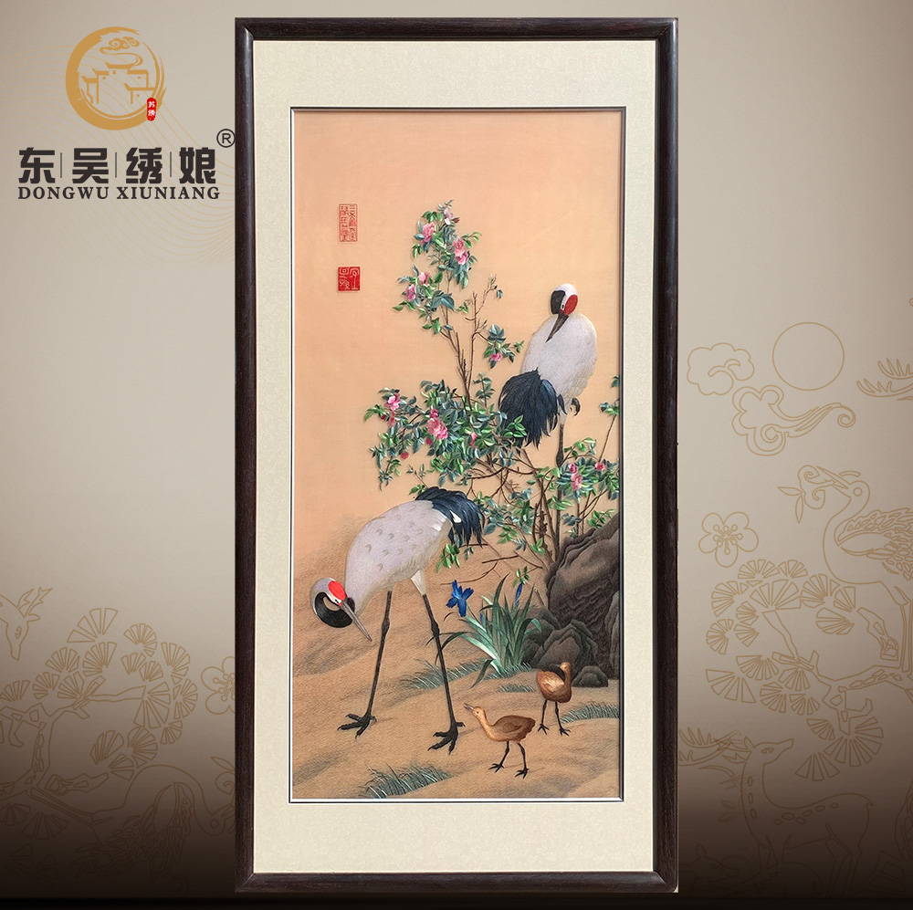 大幅竖版手工刺绣仙鹤壁画客厅书房玄关背景墙装饰特色礼品苏绣
