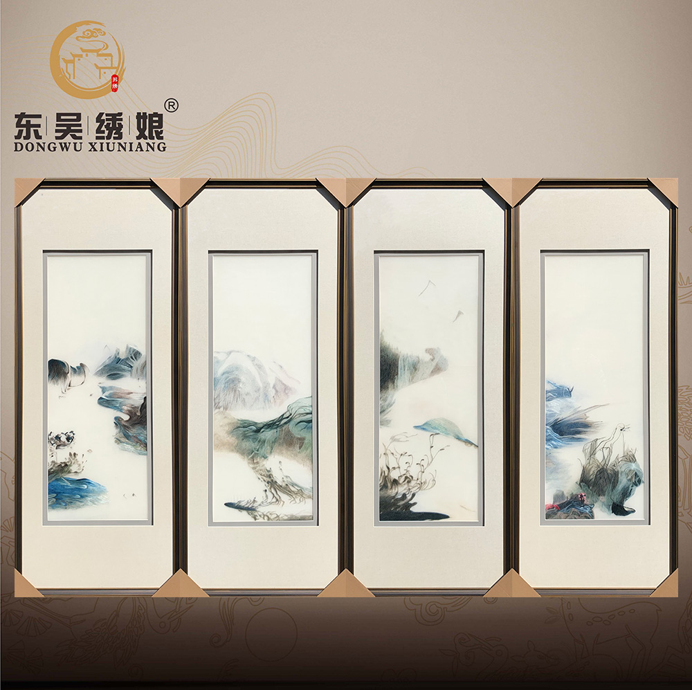 手工4丝线精品国画山水现代中式简约风客厅书房装饰壁画刺绣苏绣图片