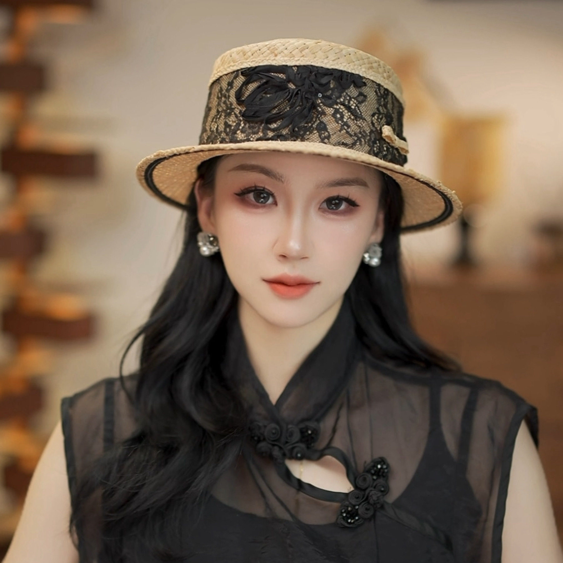 春夏季遮阳帽日系拉菲草防晒帽女士平顶帽草帽防晒大檐草帽2085