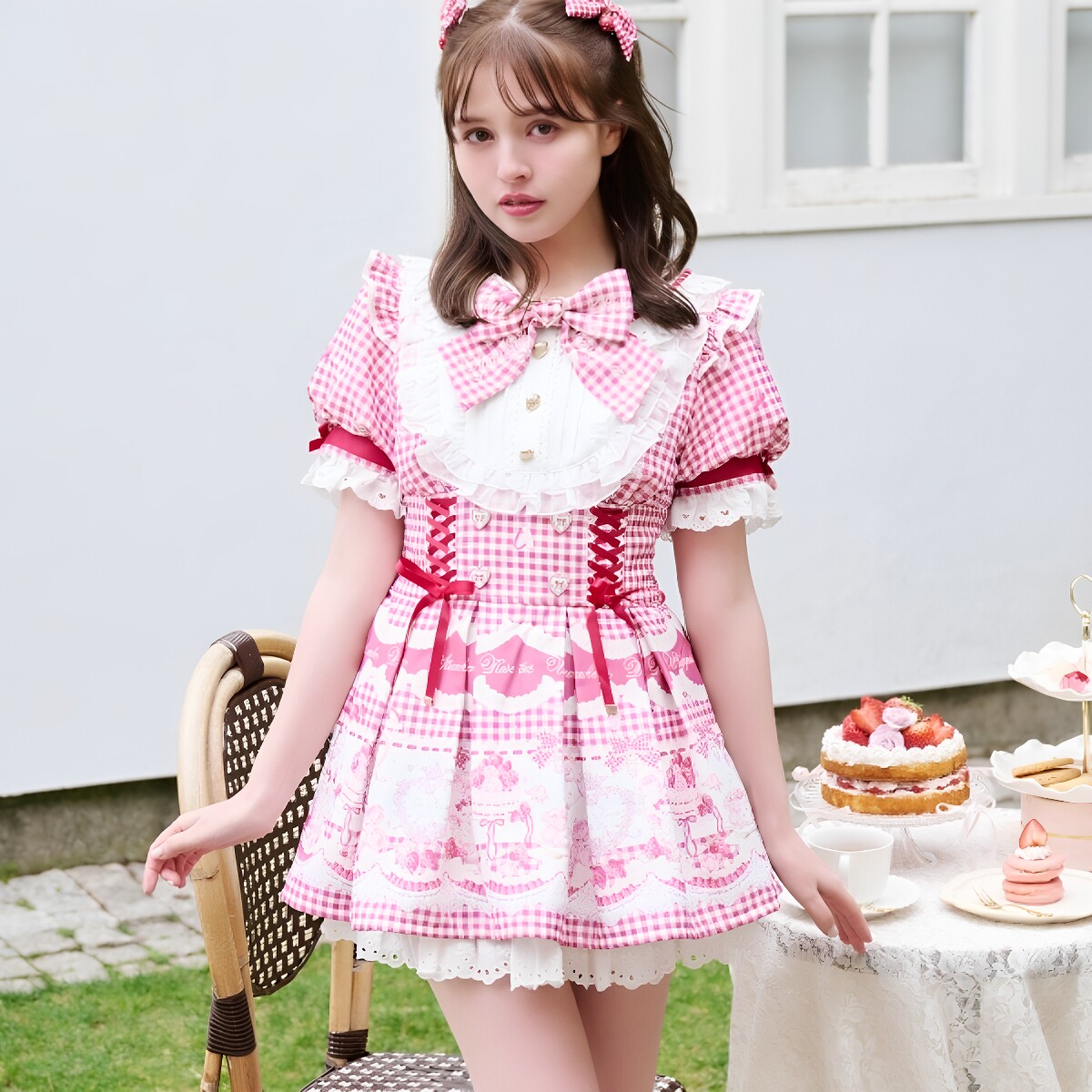 lizlisa甜美格纹收腰茶会套装
