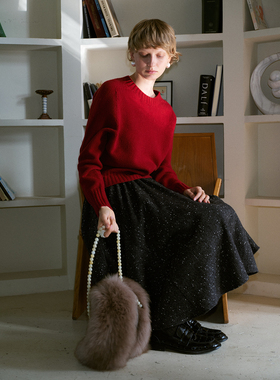 TOP家 浪漫圣诞月 法式复古时髦 微宽松廓形斜下摆荃羊毛针织衫