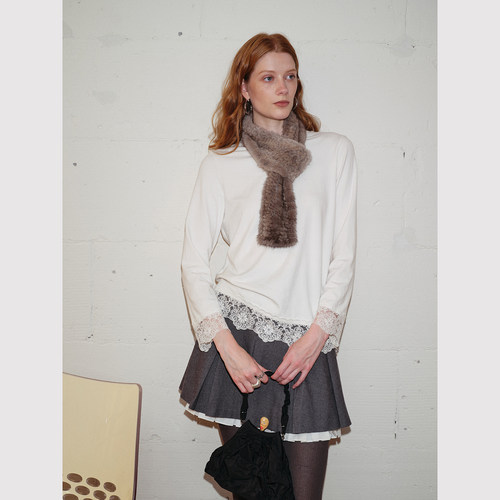 TOP家 极简极繁 法式浪漫复古 蕾丝花边下摆袖口圆领长袖宽松T恤