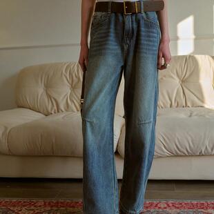 TOP家 时髦酷飒 法式复古做旧 立体结构分割茧型水洗阔腿牛仔裤女