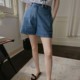 复古蓝纯棉a字休闲宽松中高腰水洗牛仔短裤 特TOP家衣橱B败 法式 女