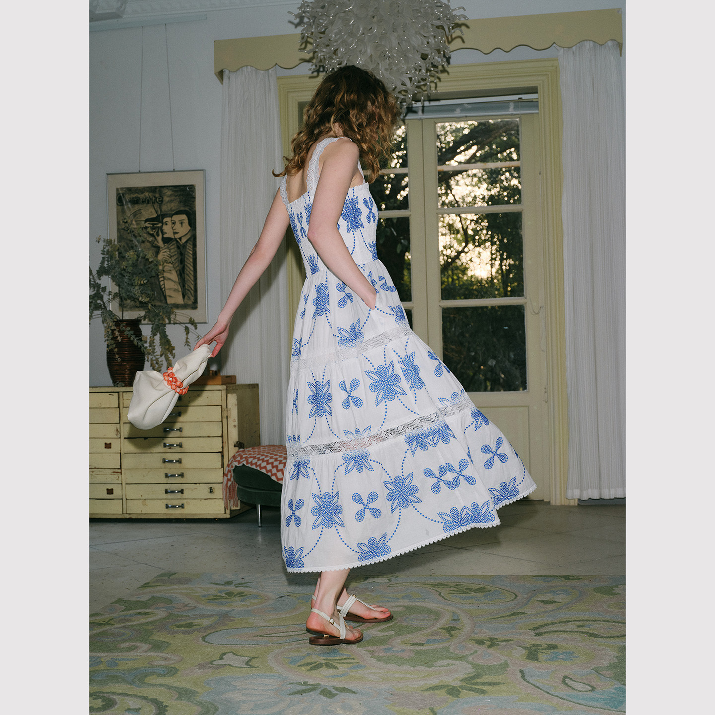TOP家 清新浪漫 法式复古蓝白印花纯棉蕾丝拼接马甲/吊带连衣裙