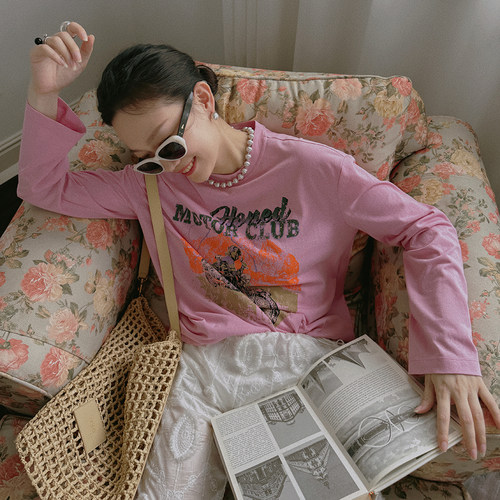 TOP家 时髦甜酷 法式慵懒休闲松弛感复古印花圆领长袖宽松t恤秋