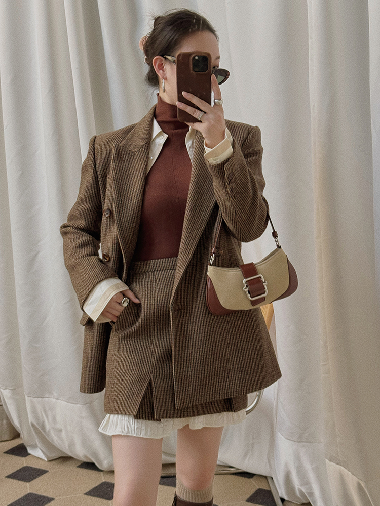 TOP家老钱棕色羊毛粗纺西装套装