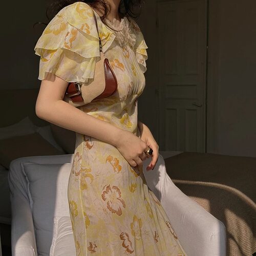 特TOP家怦然心动 法式复古优雅重工全真丝斜裁油画印花显瘦连衣裙