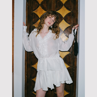 复古前胸立体花朵系绳纽扣松弛感苎麻衬衫 法式 浪漫都市 TOP家