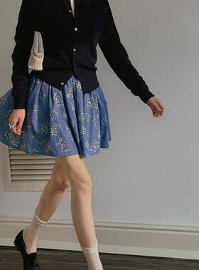 TOP家 植物系 法式复古浪漫纯棉数码花卉印花百褶半身蓬蓬短裙女