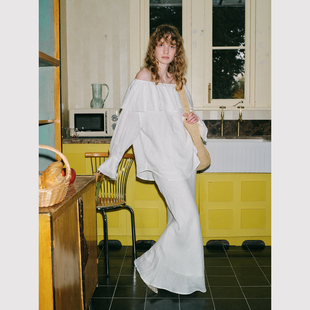 纯亚麻上衣 松弛复古荷叶领一字肩喇叭长袖 鱼尾半身裙 法式 TOP家