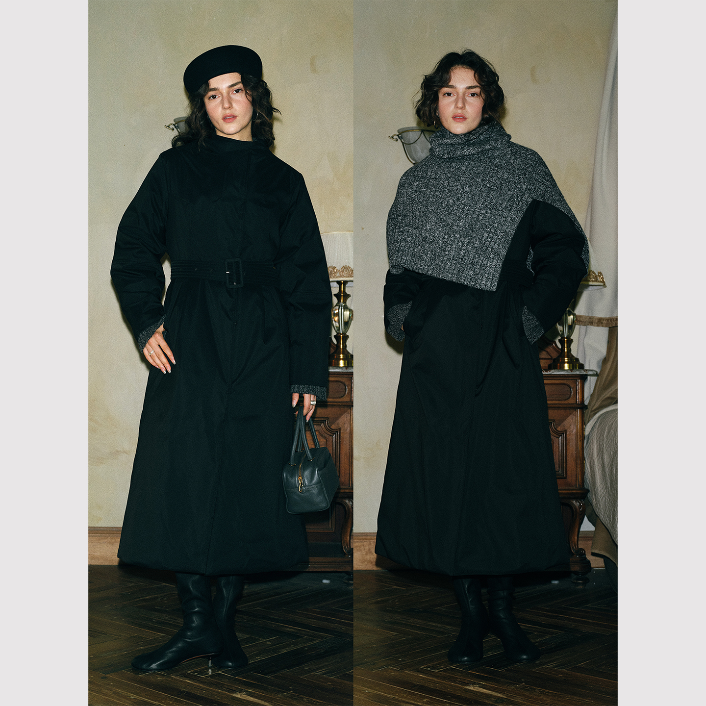 TOP家 法式复古轻奢 90白鹅绒立领收腰气质长款羽绒服配披肩围脖