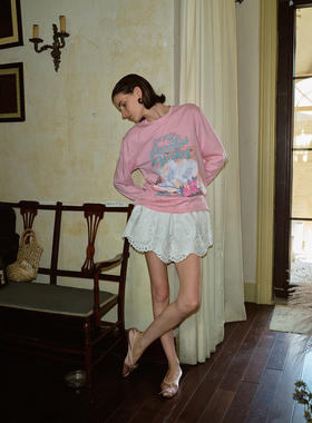 TOP家 peace love 法式时髦复古粉色系印花长袖拼接蕾丝宽松T恤