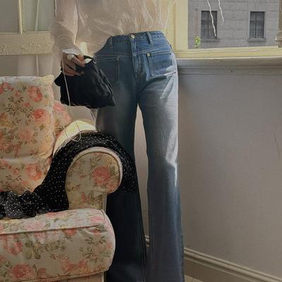 特TOP家 优越比例 法式时髦复古微修身百搭显瘦小喇叭牛仔长裤女