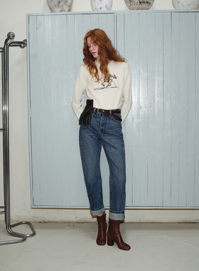 TOP家 时髦常青裤 法式复古水洗做旧直筒百搭显瘦斜纹牛仔裤