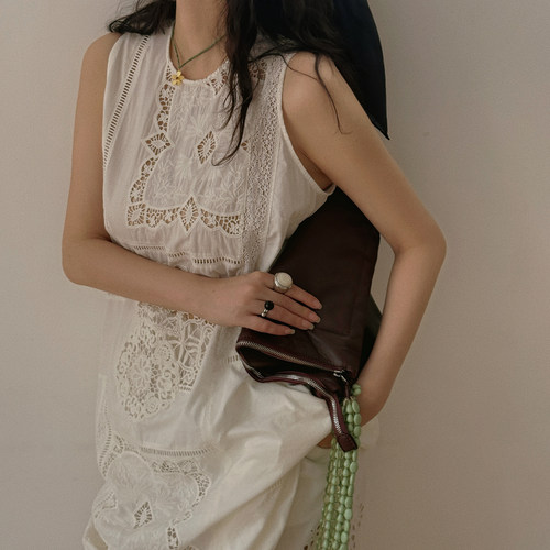 TOP家 时髦态度 法式复古重工镂空立刺绣拼接宽松无袖连衣裙夏