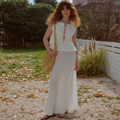 复古度假风亚麻镂空蝴蝶结绑带背心上衣 TOP家 法式 松紧腰半身裙