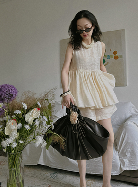 TOP家 单上衣耗料2米！法式复古莱赛尔提花无袖伞摆上衣+短裤女夏