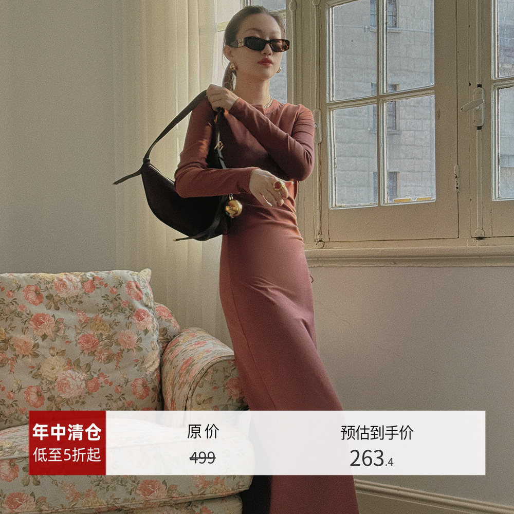 TOP家 通勤实穿 法式亨利圆领排扣修身优可丝赛罗棉针织连衣裙秋
