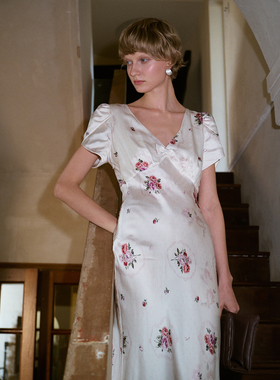 TOP家 莫奈花园 法式浪漫复古 灵动鱼尾显瘦缎面仿真丝印花连衣裙