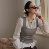 TOP家 背心秋 复古大方领坑条百搭针织加厚修身 秋冬叠穿法则 法式