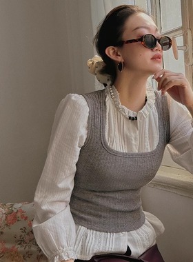 TOP家 秋冬叠穿法则 法式复古大方领坑条百搭针织加厚修身背心秋