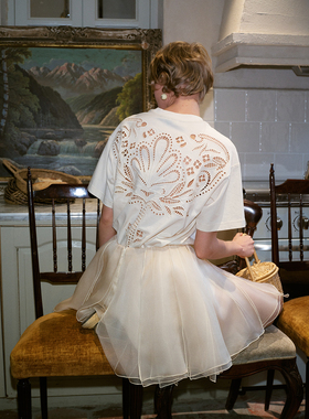 TOP家 剪影光斑 法式复古重工 立体花卉浮雕镂空刺绣 荃棉短袖T恤