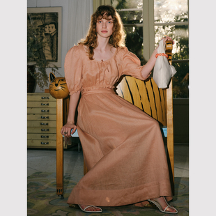 上衣 TOP家 微褶大摆半身裙 短款 复古小众亚麻泡泡袖 显白套装 法式