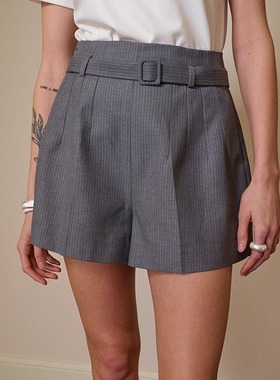 TOP家时髦简约 法式复古氛围美利奴精仿羊毛灰色条纹高腰短裤早春