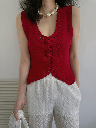 TOP家 惬意度夏 法式复古粗线针织安可拉红/静谧白/奶油黄马甲夏