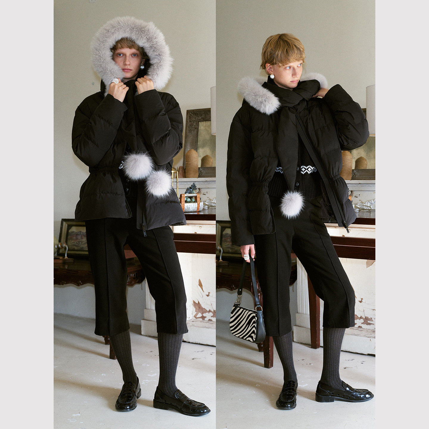 TOP家 法式时髦复古 轻盈蓬松狐狸毛 可拆卸连帽90白鹅绒羽绒服