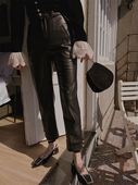 TOP家 翻边直筒长裤 时髦chic 优质亲肤环保pu仿真皮显瘦显高修身