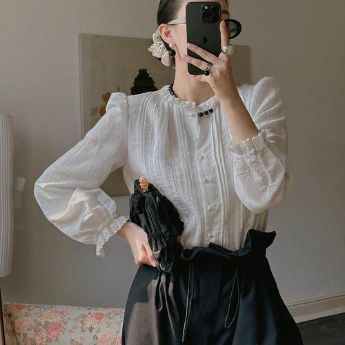 TOP家 浪漫点缀 法式复古气质挂 重工提花蕾丝花边领衬衫女2024秋