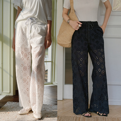 TOP家法式复古度假慵懒随性重工全件镂空绣花 半透纯棉阔腿休闲裤