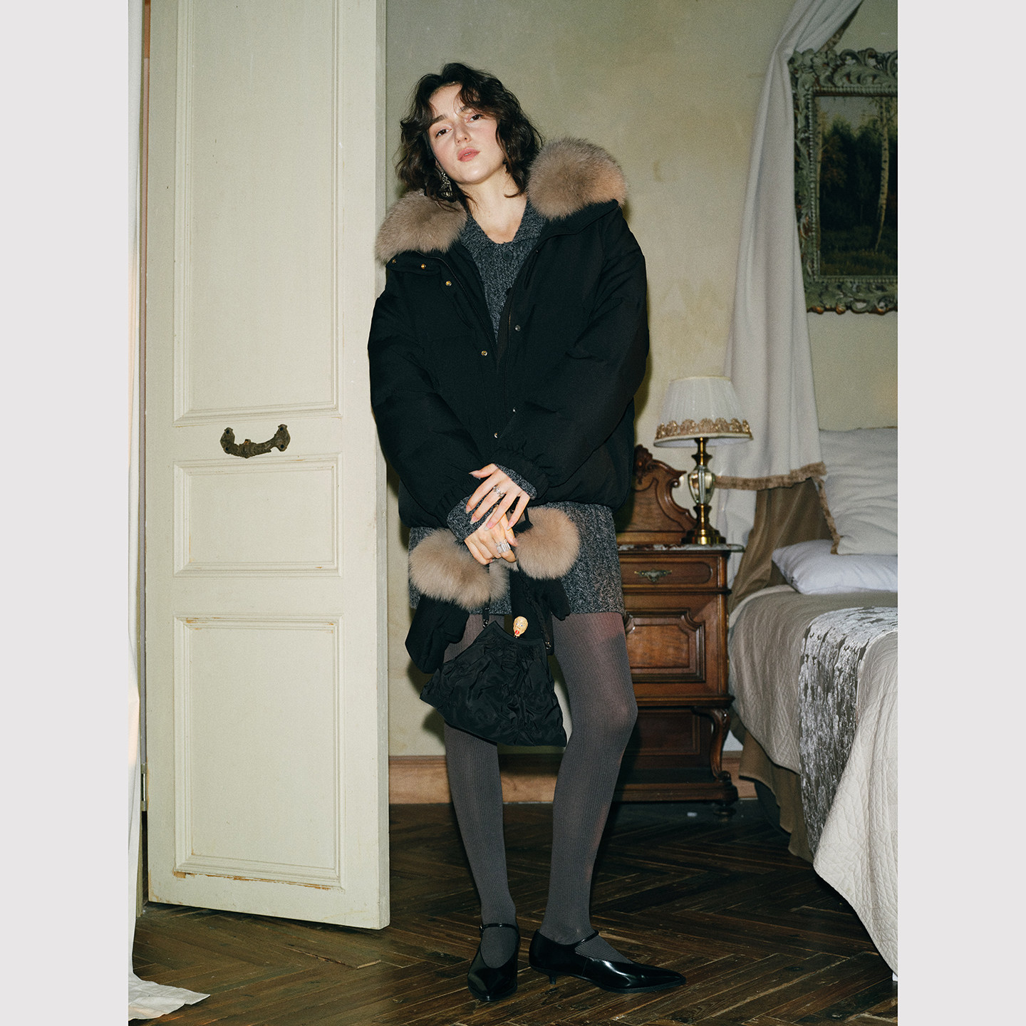 TOP家 轻盈无拘 法式复古90白鹅绒可拆卸毛领/手套时髦蓬松羽绒服