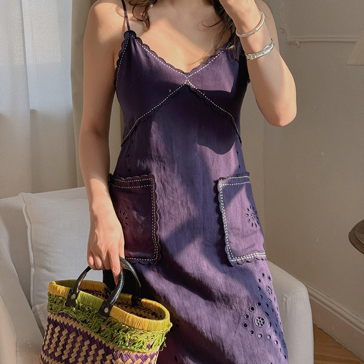 TOP家 南法假日 法式复古重工马德拉雕孔绣镂空刺绣a摆吊带连衣裙