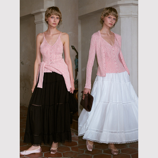 出逃乐园 天丝亚麻混纺长款 法式 蕾丝拼接 大摆半身裙 浪漫 TOP家