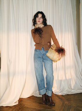 TOP家 时髦纯粹 法式复古 水洗做旧直筒百搭显瘦斜纹牛仔裤